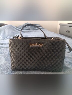 bebe Black Woven Satchel with Gold Logo